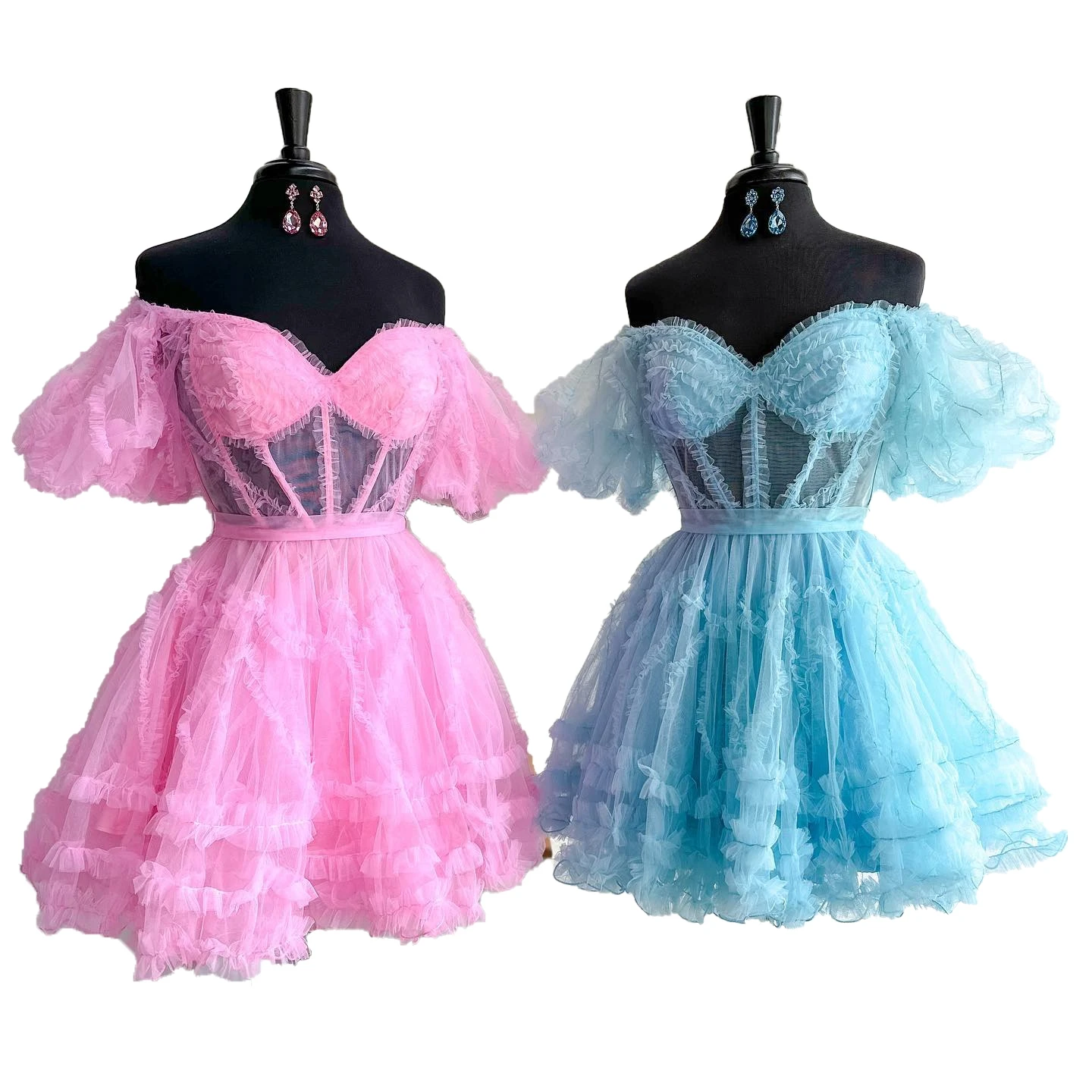 

Pink Homecoming Dress 2k23 Short Hoco Ruffed Ballon Sleeves Drama Graduation Cocktail Party Wedding Guest Holiday Gown Blue