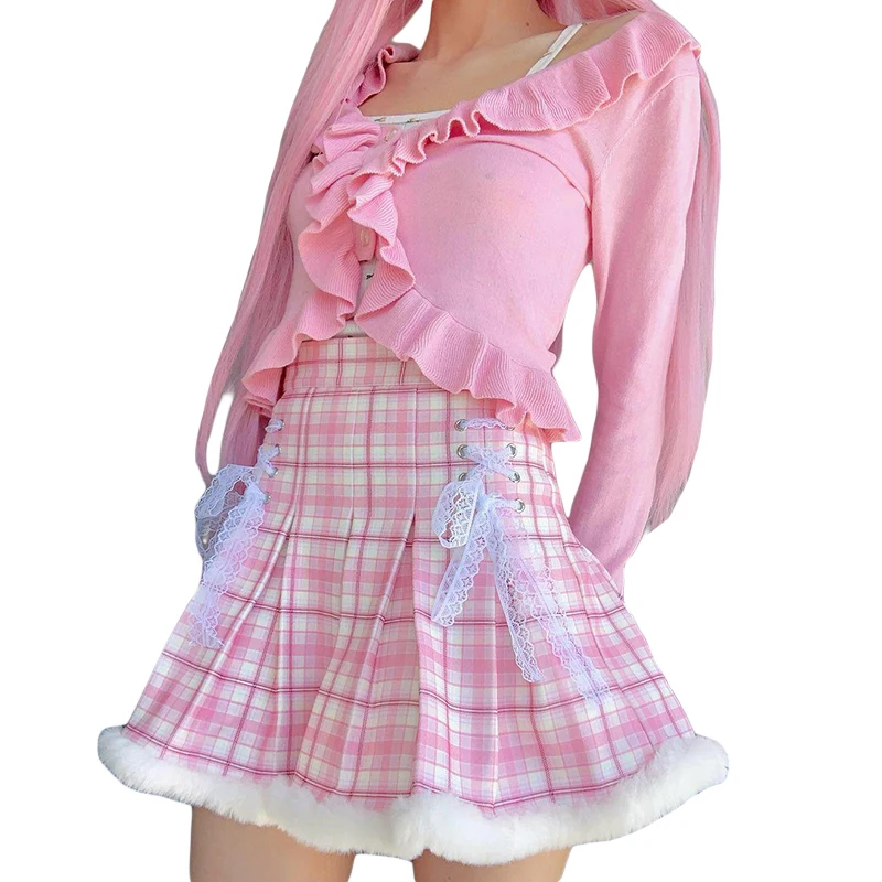 

Y2K Pleated Plush Hem Skirts Women Sweet Side Zipper Tie Up Lace Decor Casual Summer Mini Skirts Streetwear Ladies A-Line Skirts