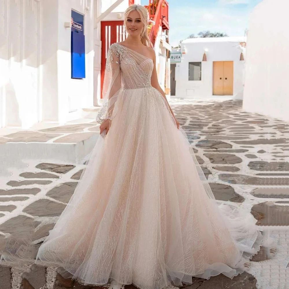 

One Shoulder Long Sleeve Lace Wedding Dresses Robe de Mariage Glitter Beads Wedding Gowns Princess Vintage Bridal Dress 2023