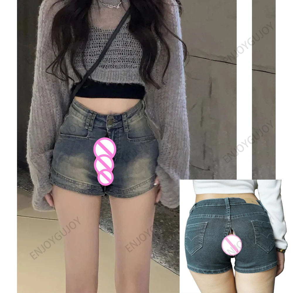 Женские джинсовые шорты с открытой промежностью невидимые штаны из денима