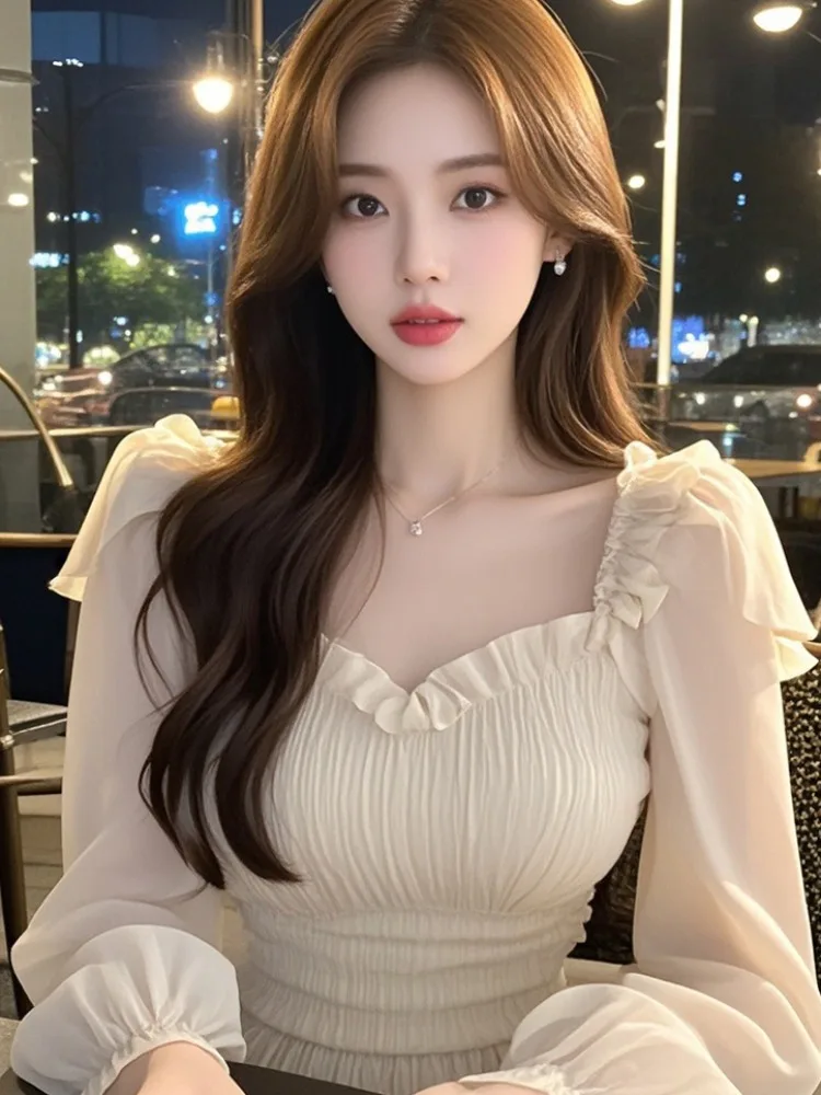 Pure Desire Sle Абрикосовые рубашки с квадратным воротником и оборками длинными