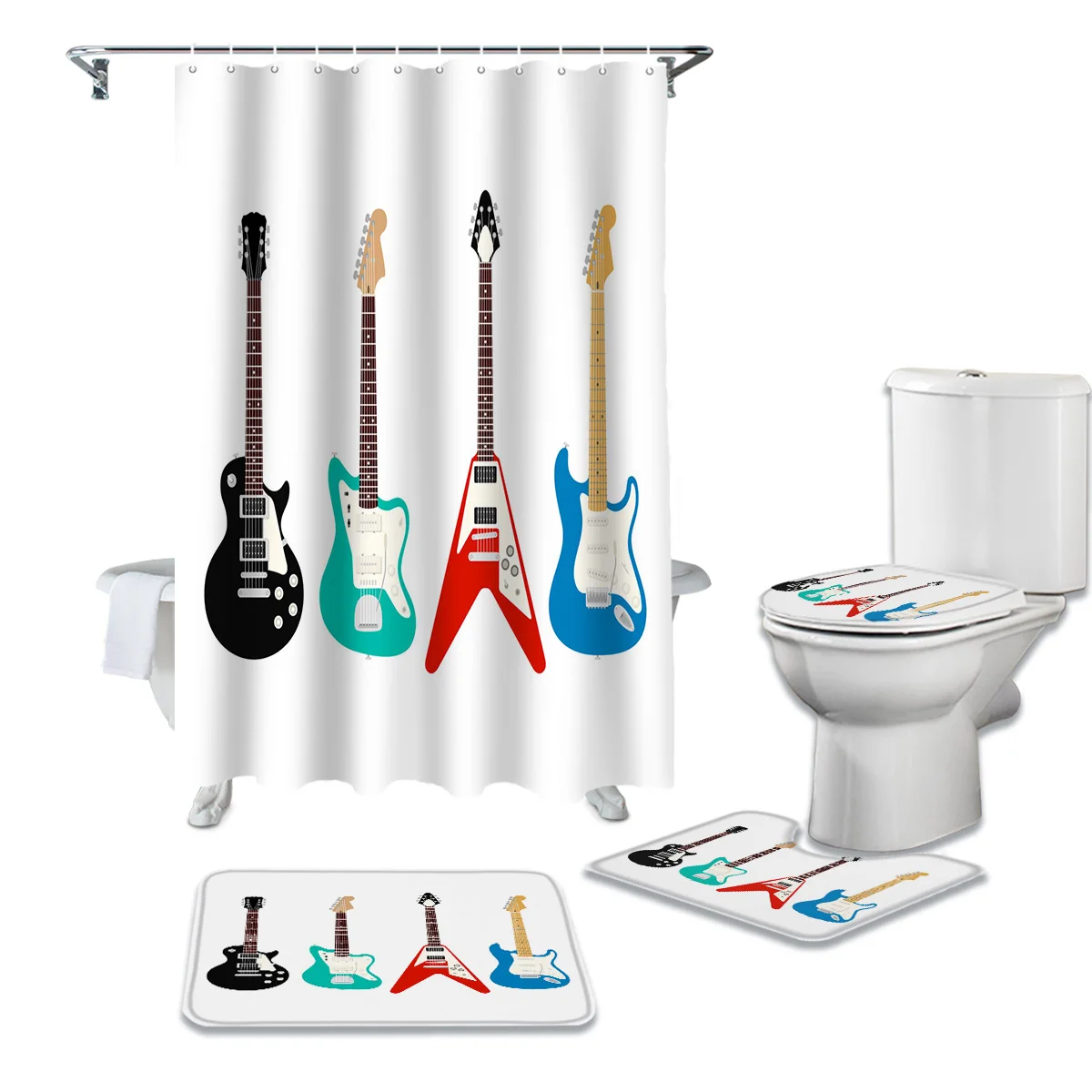 

Набор классических белых душевых занавесок с басом и джазовой музыкой, накидка на ковер, чехол для унитаза, коврик для ванной, для дома