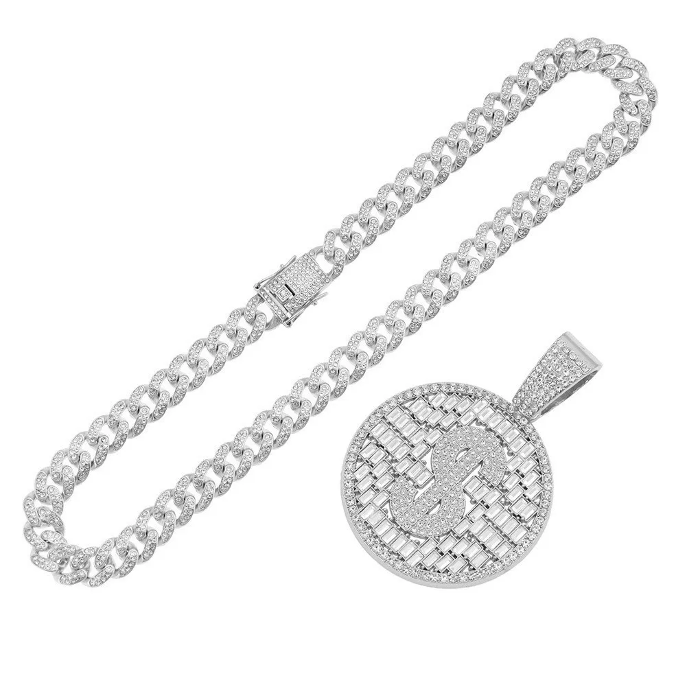 

Bling Full Diamond Dollar Round Plate Hollow Pendant Cuban Chain Necklace Miami Men's Rap Cool Domineering Hip-hop Accessories