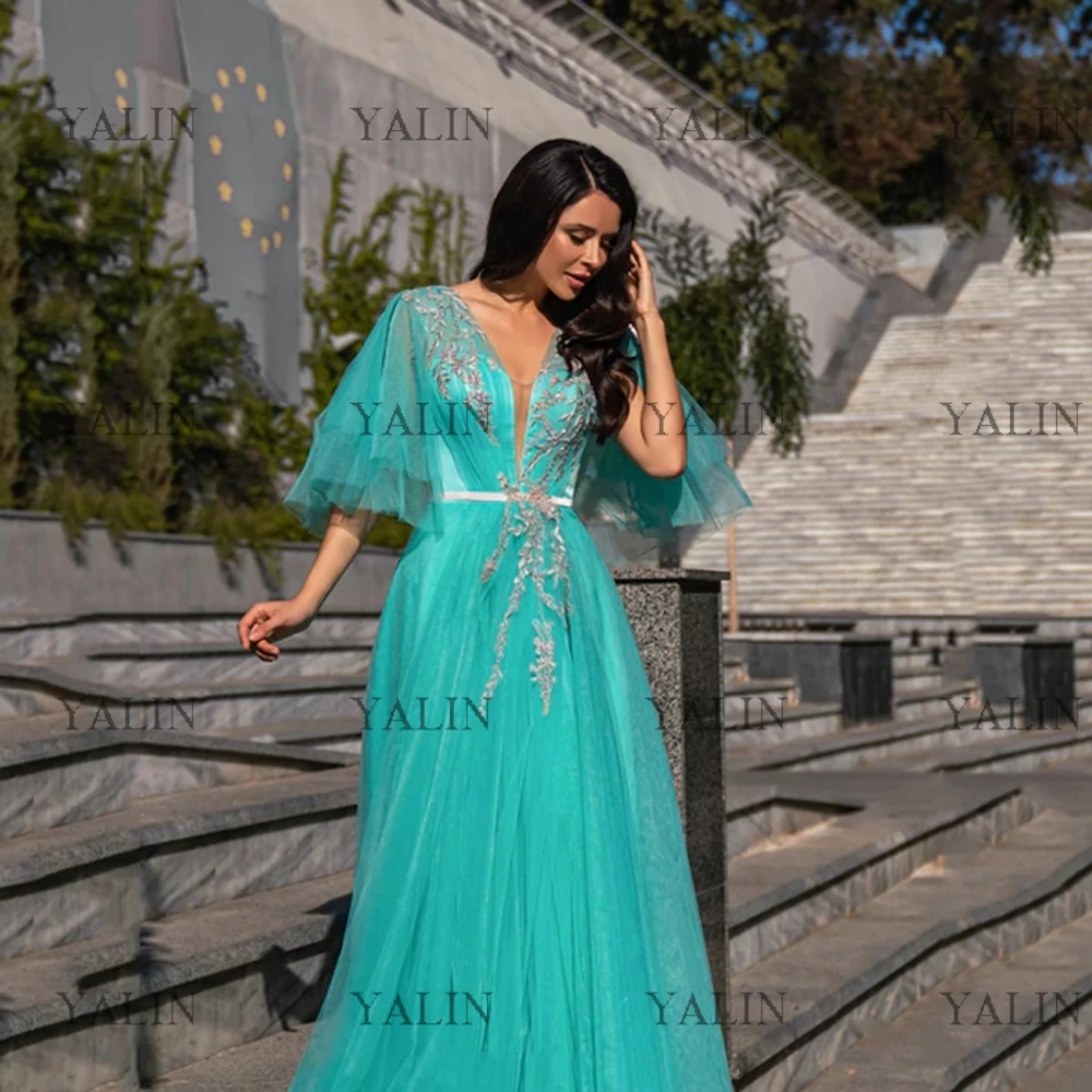 

YALIN Short Puffy Sleeve Prom Dresses Floor Length High Slit Dubai Saudi Evening Gowns V-Neck Applique A-Line Party Dress Custom