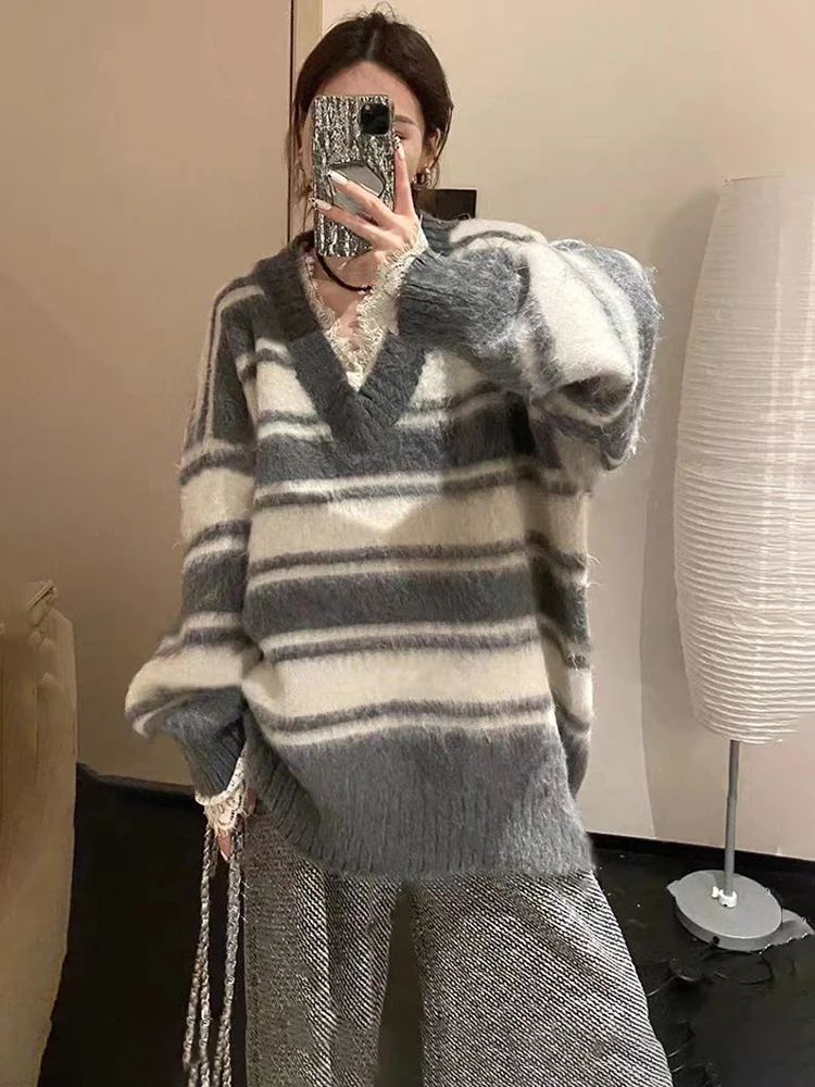 Мягкий клеевой пуловер с v-образным вырезом в полоску женский свитер 2024 новый