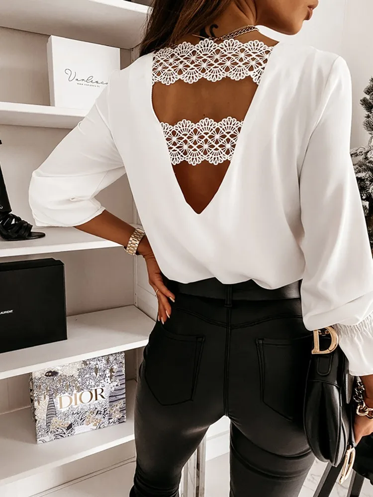 Spring White Blouse For Women Fashion Lace Sexy Backless Elegant V Neck Flare Long Sleeve Plus Size Shirts Office Ladies Tops