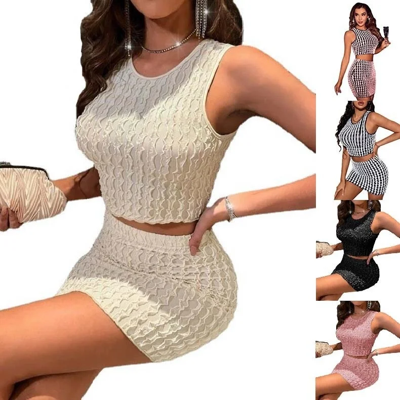 

2022 Summer New Sexy Round Neck Slim Vest High Waist Hip Wrap Tight Skirt Suit