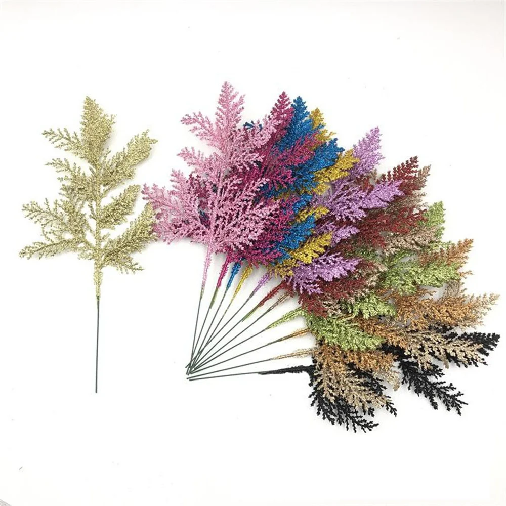 

Shiny Artificial Plants Simulation Leaves Scene Layout Christmas Decor Flower Bouquet Glitter Powder Tree Branch Wedding Decor