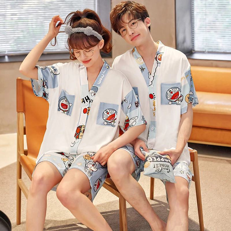 Cartoon Doraemon Adult Pajama Sets Women Men Sleepwear V-Neck Silk Cloth Home Clothes Short Sleeve Korean Loose Pyjama Loungewe