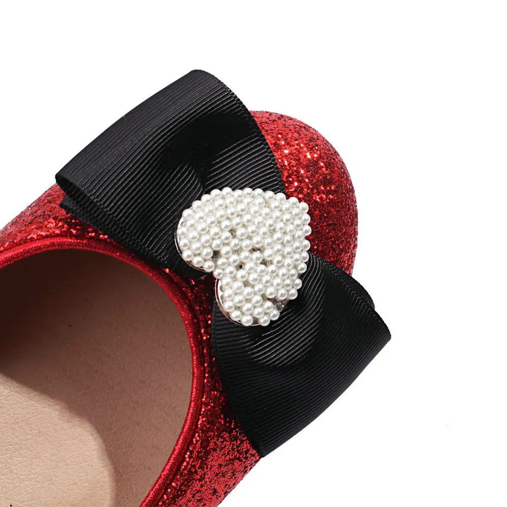 Sweet and Lovely College Style Lolita Shoes Luxe Glitter Fabric Comfy French Low-Heel, Pearl Bow with Heart Butterfly Design
