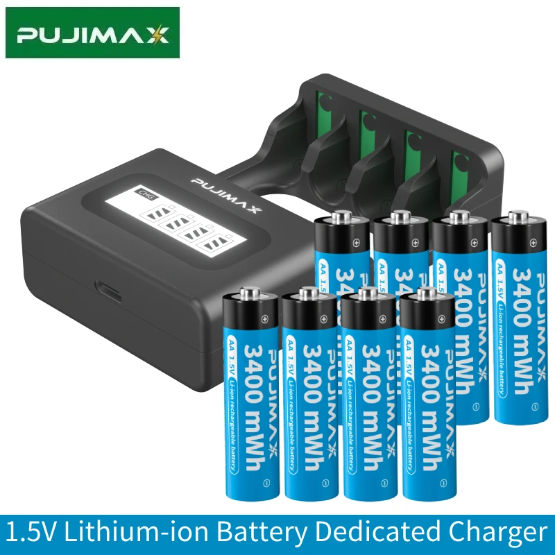 

PUJIMAX 4-Slot LCD Display Battery Charger Type-C Socket Fast Charging+AA 1.5V 3400mWh Rechargeable Lithium-ion Battery Set