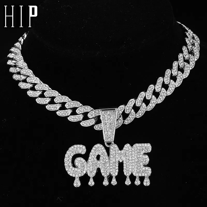 

HIP HOP GANG Iced Out Letters Pendants With 13mm Cuban Link Chain AAA+ Rhinestone Necklaces For Men's Women Rapper Jewelry