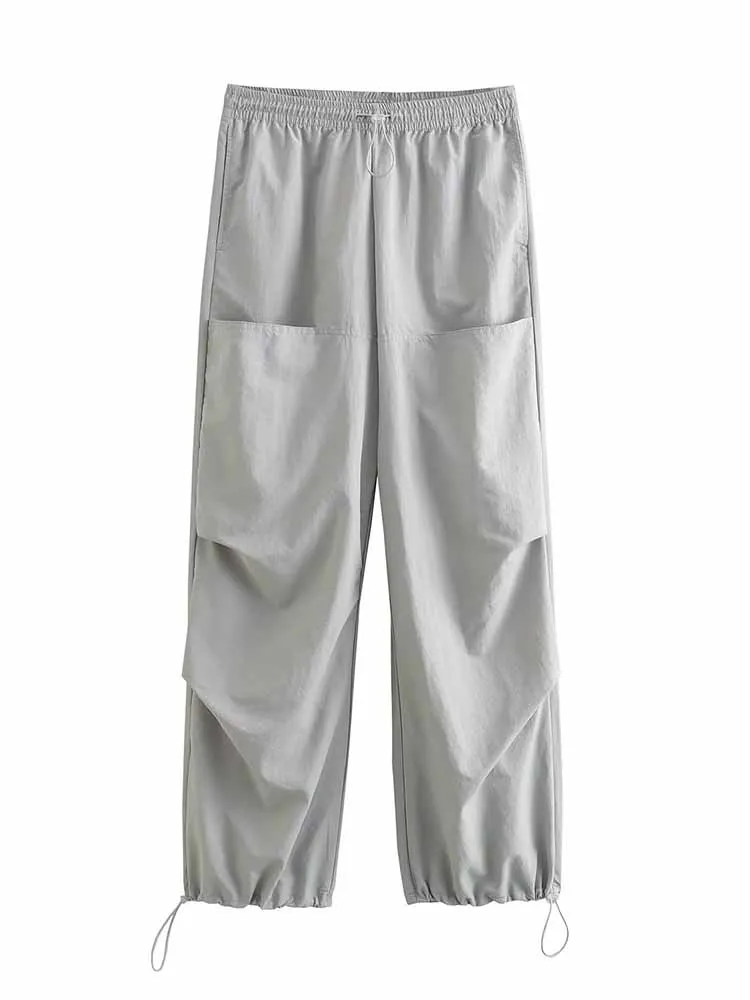 

Women New Fashion Pocket decoration Pleated nylon Casual Pants Vintage High Elastic Waist Drawstring Female Trousers Mujer