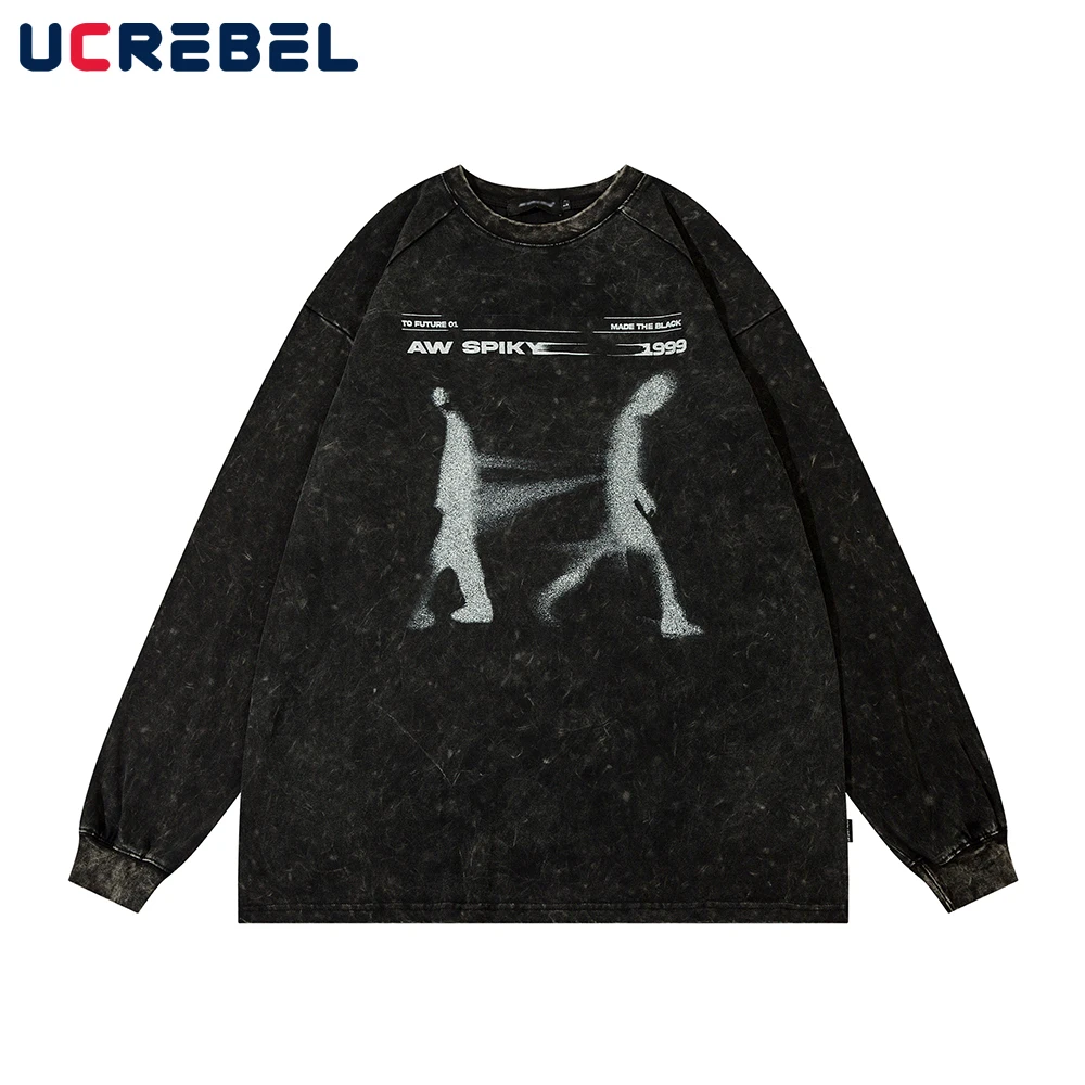 

Футболка мужская с длинным рукавом и принтом, Повседневная Свободная потертая хлопковая рубашка с вырезом лодочкой, уличная одежда, осень