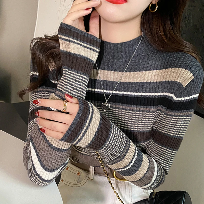 

Half High Collar Striped Sweater Women Long Sleeve Pullovers Knitted Tops Slim Sweaters Mujer 2023 Autumn Winter Womens Clothing