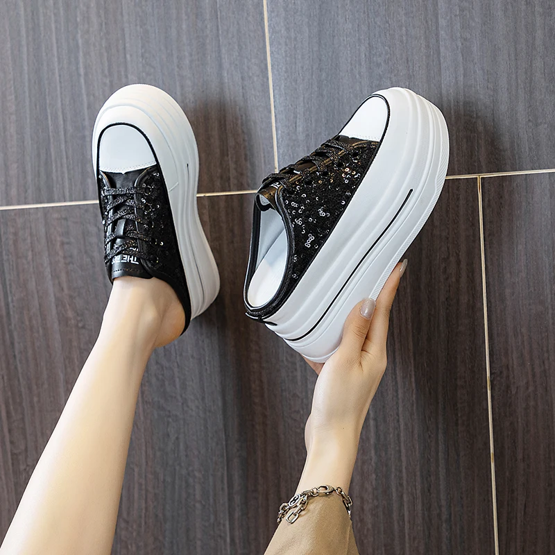 7 5 см 2024 блестящие синтетические слипоны на платформе женские туфли-лодочки в