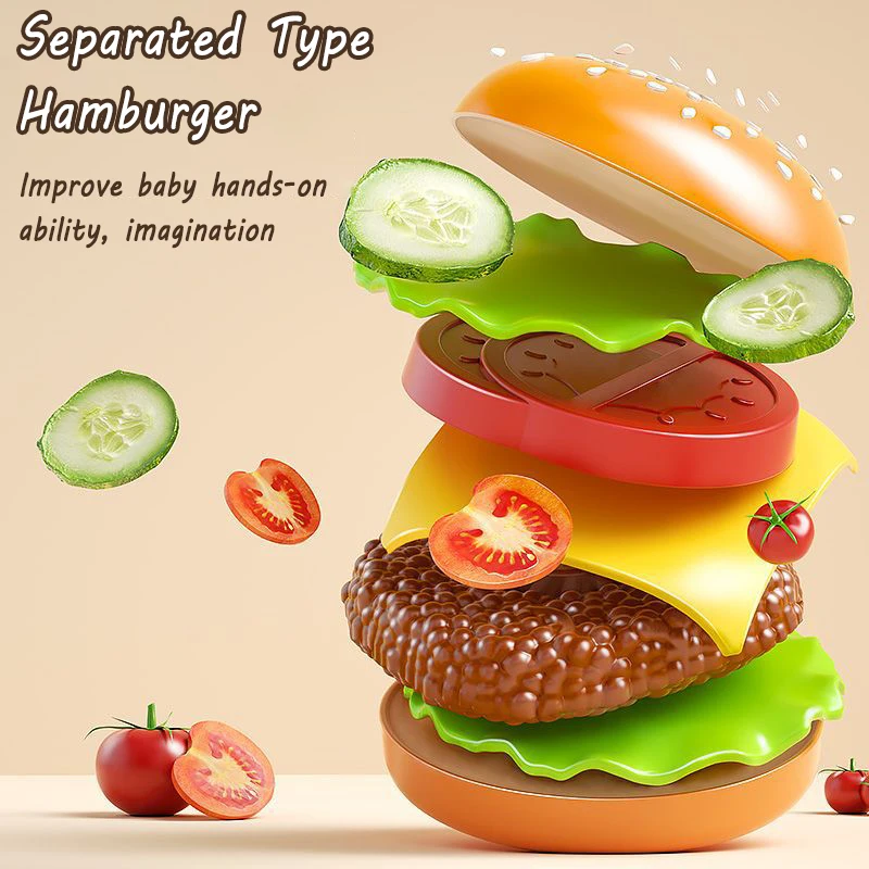Children Kitchen Girl Toys Simulation Make Hamburger Pizza Fries Pretend Play Food Cooking Cutting Game Party Activity