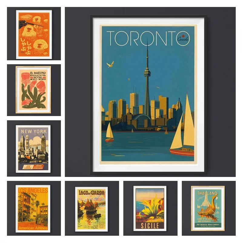 

Оранжевый винтажный постер с изображением пейзажа города, путешествий, растений, Парижа, Торонто, Мексики, декоративный плакат на холсте, на...