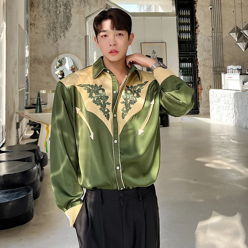 

Retro Advanced Men's Green Satin Shirt Embroidery Patchwork Male Shirts Top