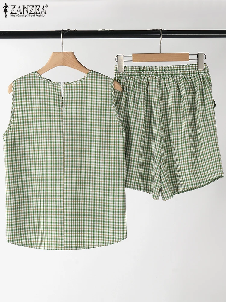 Женские короткие комплекты в клетку 2024 ZANZEA повседневные наряды на бретелях с