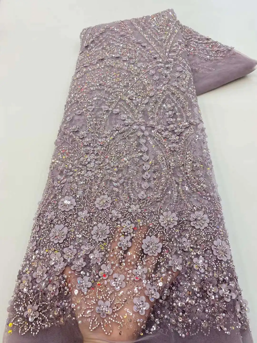 Новейшая ткань с блестками 2024 бусин кружевная вышитая Тюль Ткань для жениха