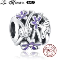 la menars silver 925 charms round hollow flower ladybug beads fashion purple enamel bracelet beaded jewelry for womens wrist