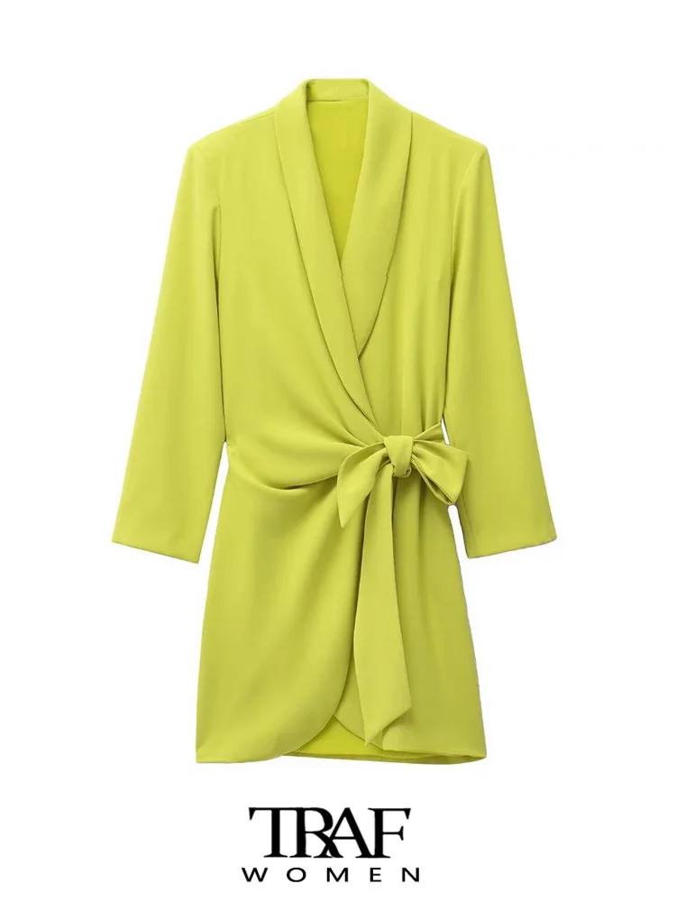 

TRAF Women Fashion With Tied Bow Wrap Mini Dress Vintage Long Sleeve Side Pleated Female Dresses Vestidos Mujer