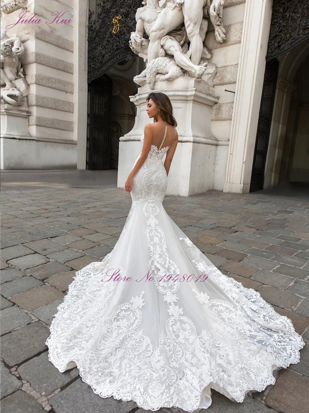 Julia Kui Свадебные платья-русалка с блестящим кружевом без рукавов V-образным