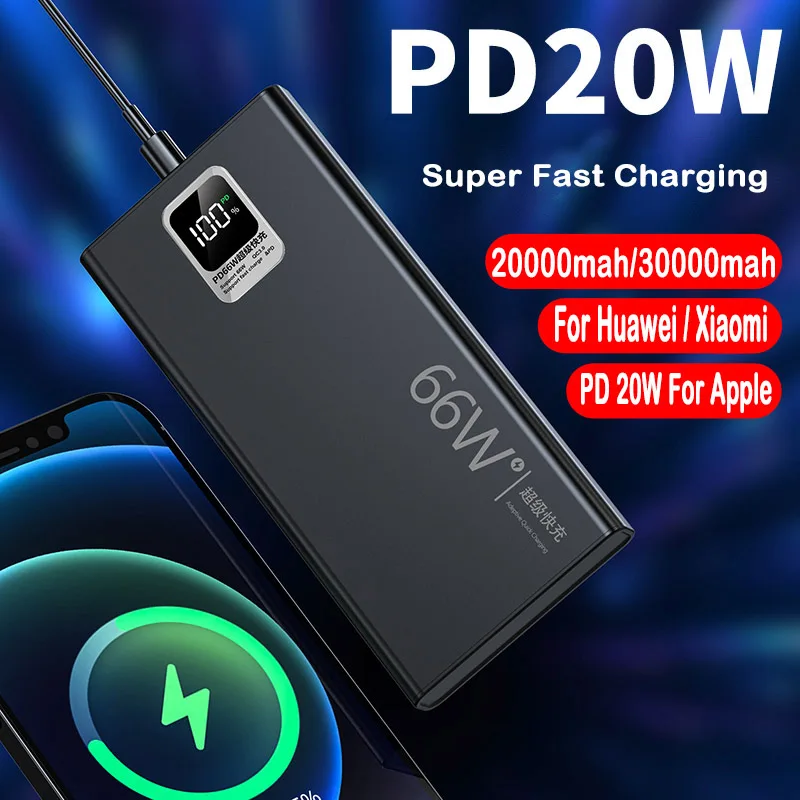 

30000mAh 66W Super Fast Portable Charging 2USB External Battery Charger Flashlight Spare Power Bank Poverbank for iPhone Xiaomi