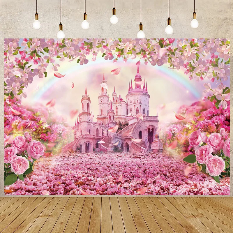 

Сказочные розовые замки девушка принцесса фон для фотосъемки розовый лес весенний живописный фото фон окно постер декор стола