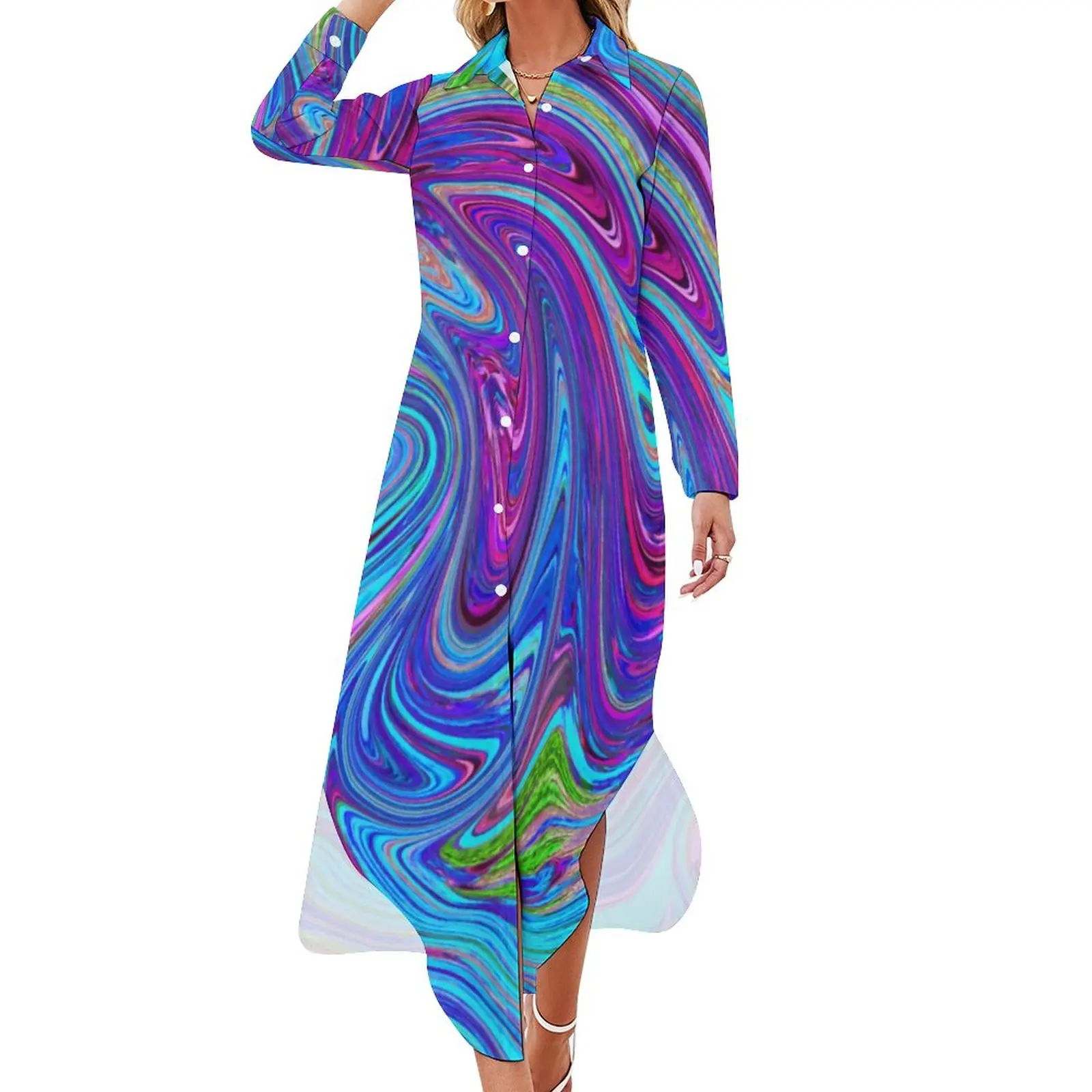 

Retro 60s Art Casual Dress Groovy Liquid Abstract Aesthetic Dresses Long Sleeve Beach Women V Neck Print Oversized Chiffon Dress