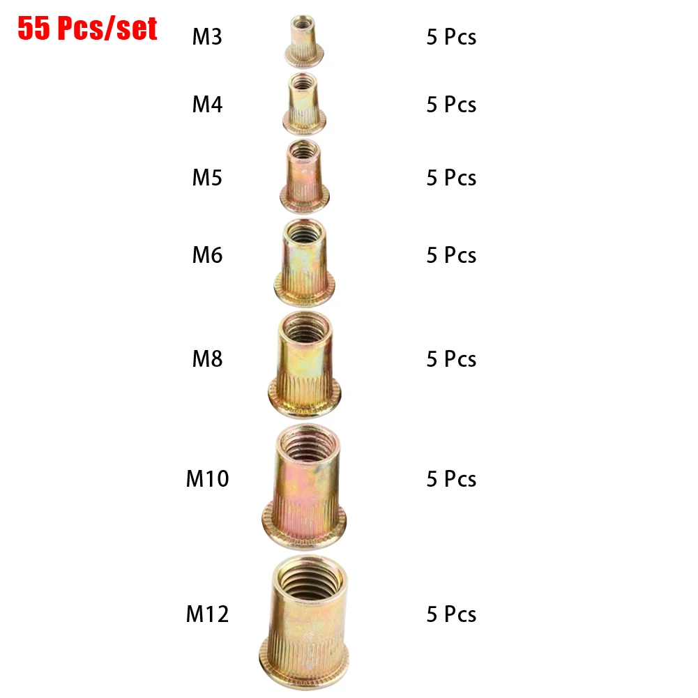 

55pc M3 M4 M5 M6 M8 M10 M12 10-24 1/4-20 3/8-16 5/16-18 Carbon Steel Flat Countersunk Head RivetNut Insert Cap Rivet Nut Nutsert