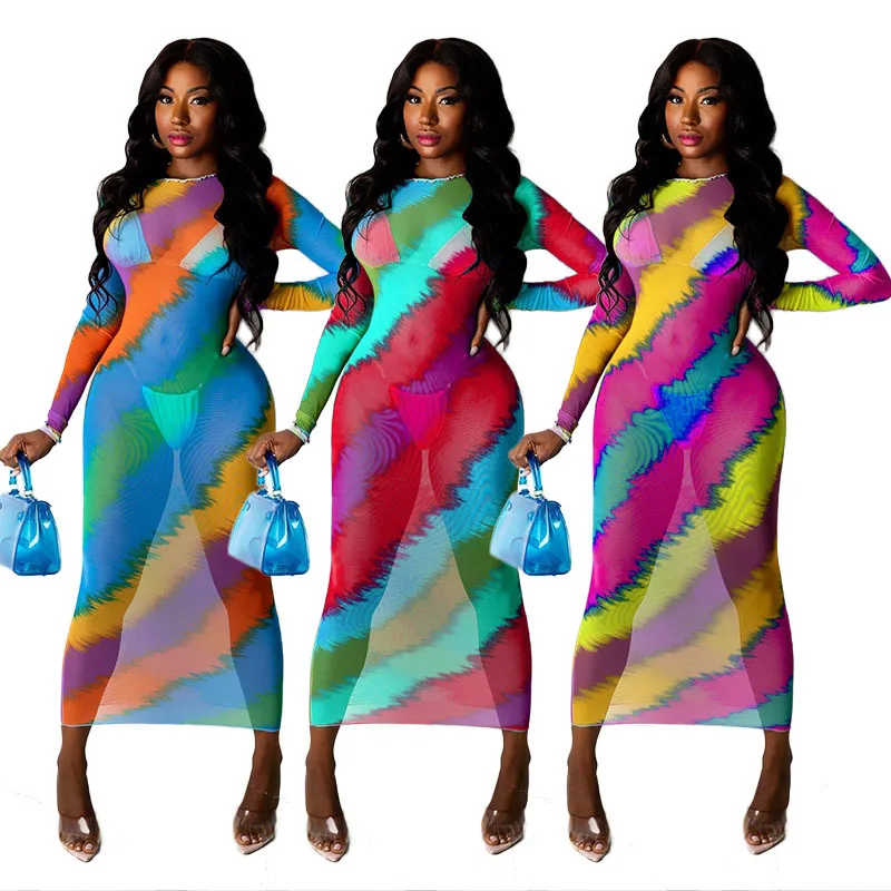 

2023 Spring And Summer Women Print Sexy Perspective Long Sleeve Nightclub Dress