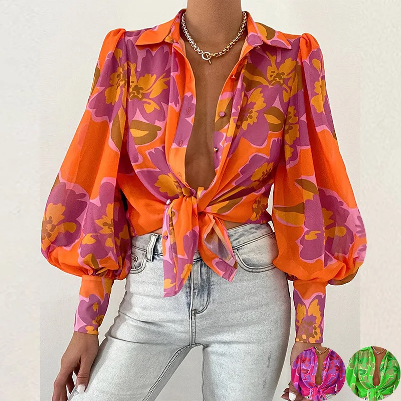 

2022 Summer Sexy Women's Bubble Sleeve Lapel Long Sleeve Print Shirt