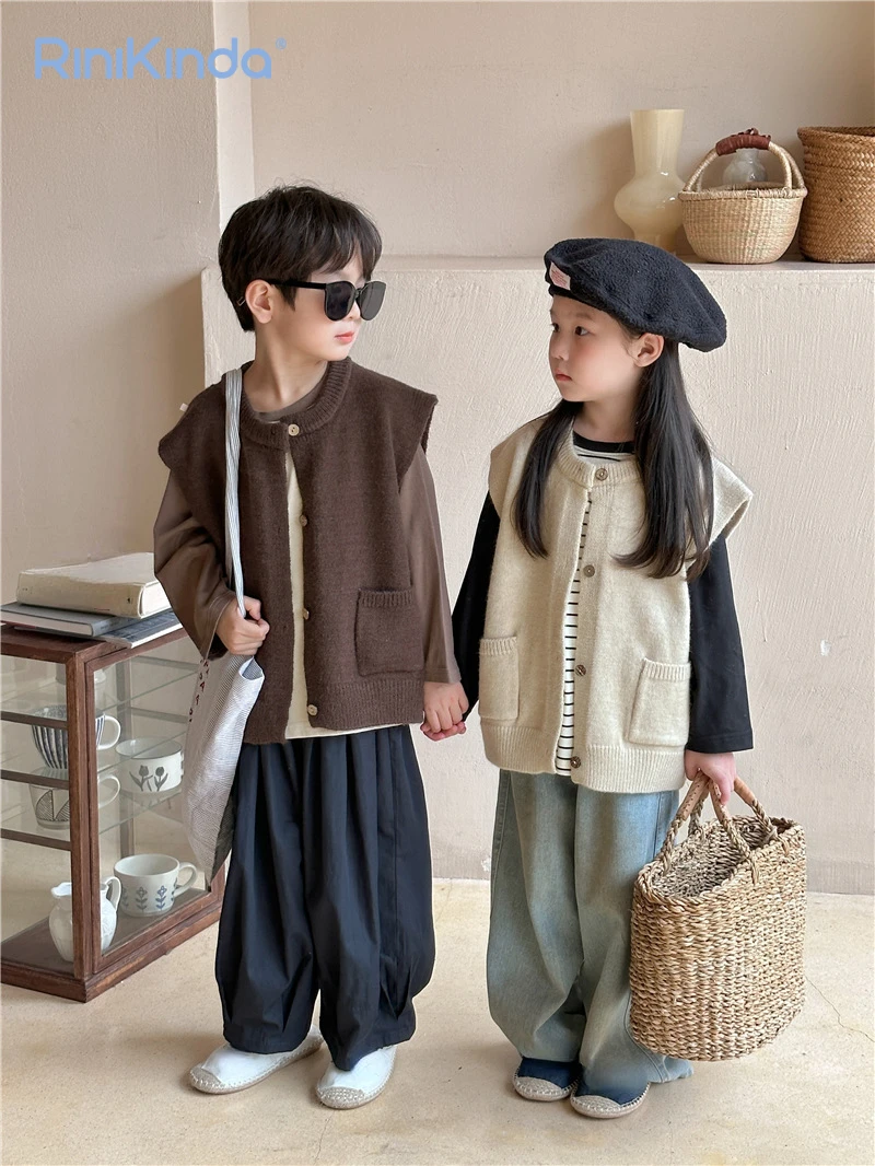 

Kids Knitted Sweater Vest Kids Boys Girls Single-breasted Sweater Cardigan Clothes Kids Fashion Solid O-neck Sweater