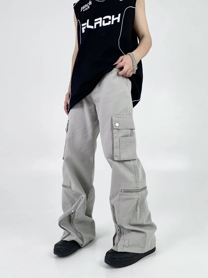 

Cargo Pants Men Zipper Oversize Wide Leg Trousers Male Streetwear Hip Hop Casual Korean Japanese Pocket Safari Style