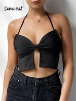 senecinet design bow sexy halter tops women sleeveless v neck backless solid slim crop tops fashion party y2k strap top summer