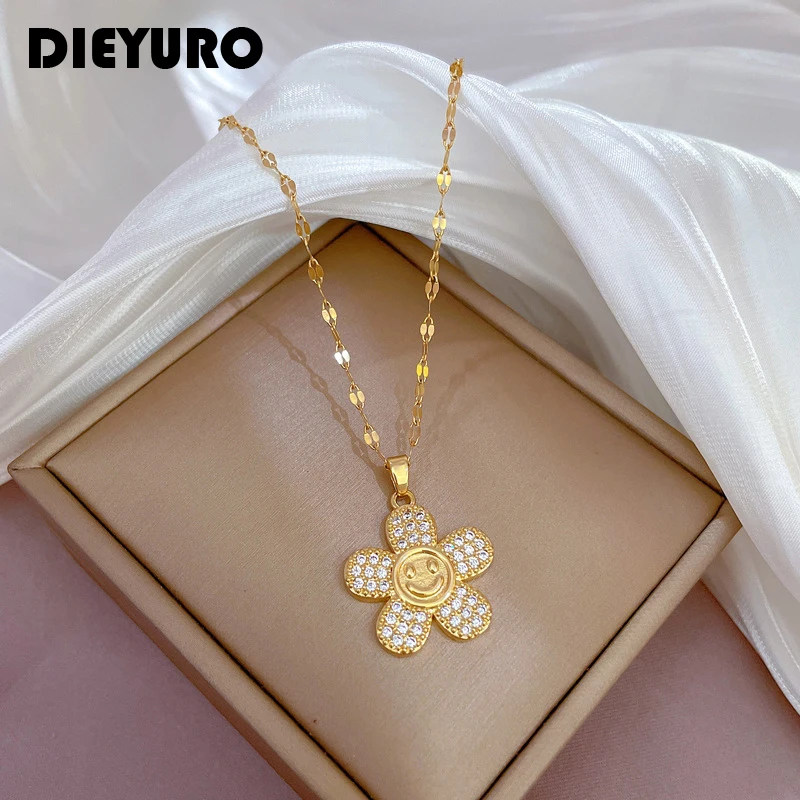 

DIEYURO 316L Stainless Steel Flower Smiley Pendant Necklace For Women New Design Girls Lucky Chain Birthday Jewelry Gifts Bijoux