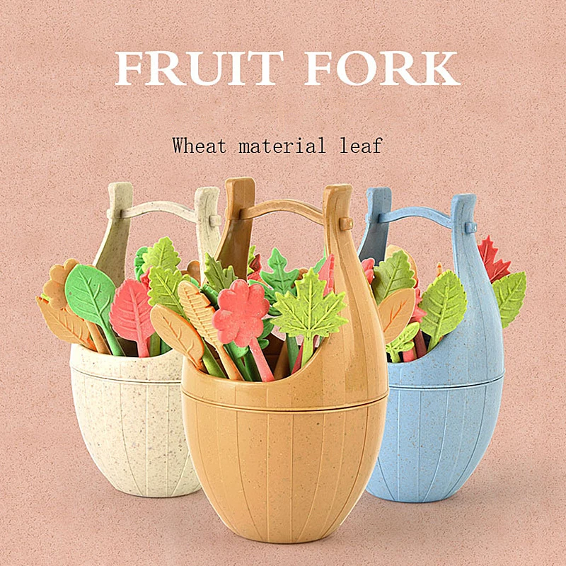 

16pcs/set Biodegradable Fruit Fork Bucket Leaf Shape Dessert Forks Snack Food Picks Salad Vegetable Party BBQ Cocktail Supplies