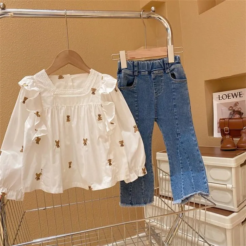 

Girls Baby Clothes Set Autumn Girls Shirt Set 2023 New Children's Fashion Lace Little Bear Doll Top Jeans 2PCS Kids Outfits