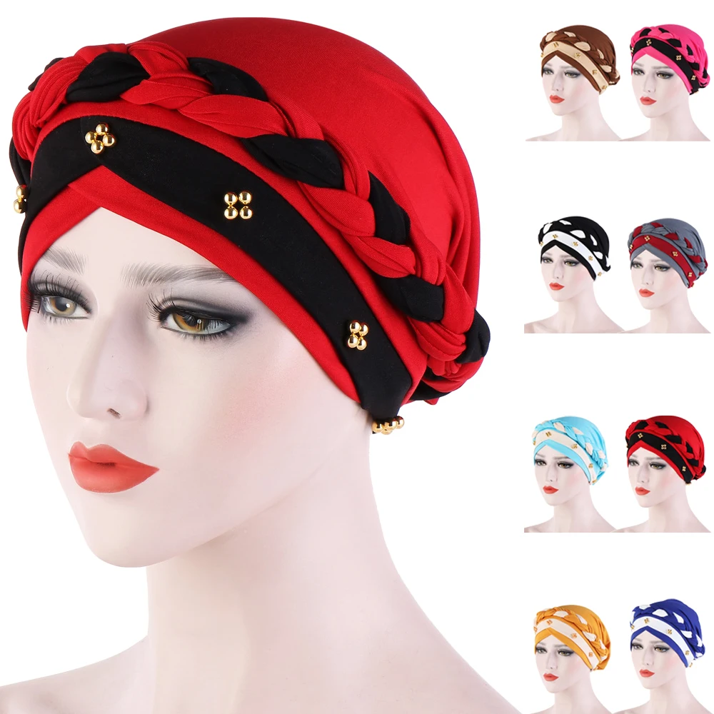 

New Beads Braids Turban Indian Head Scarf Women Muslim Hijab Chemo Cap Cancer Hat Bonnet Hair Loss Cover Headscarf Wrap Skullies