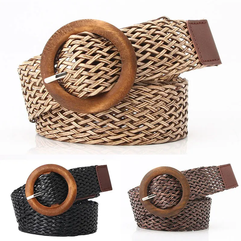 

Round Wooden Smooth Buckle Wide Belt For Women Girls Dress Pants Waistband Apparel Accessories Bohemian Stretch Wide Belts