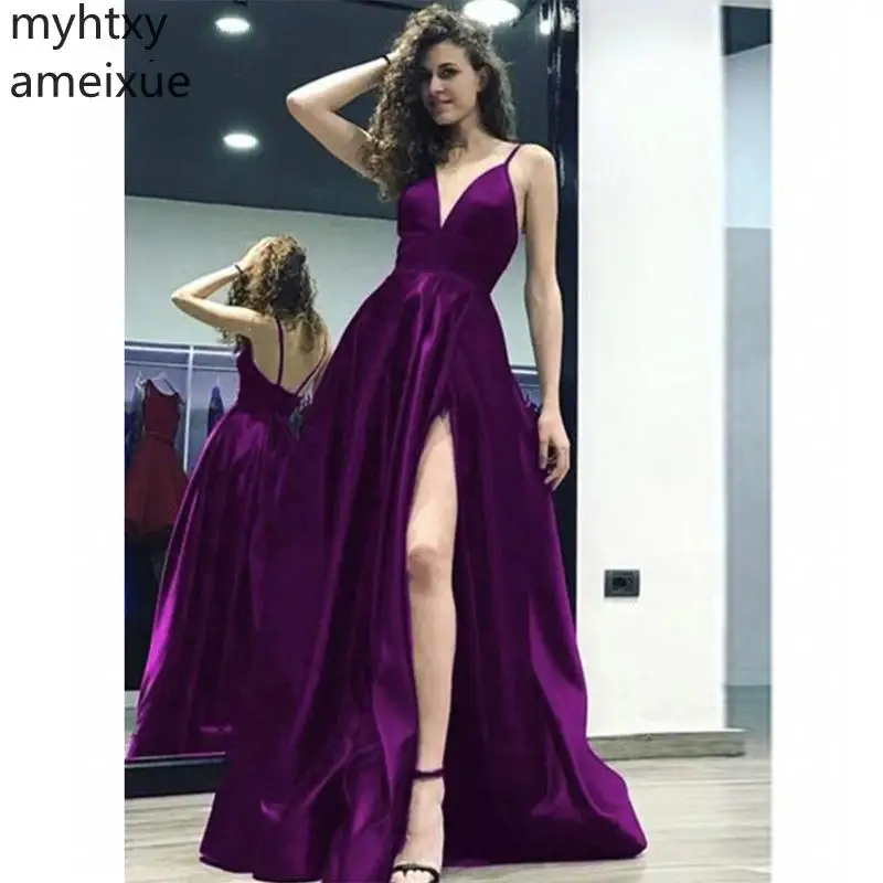 

Long Sexy Purple Cheap Long Dress V-neck Plus Size Slit Side mal Evening Dress Reflective Prom Party Robe De Soiree 2022
