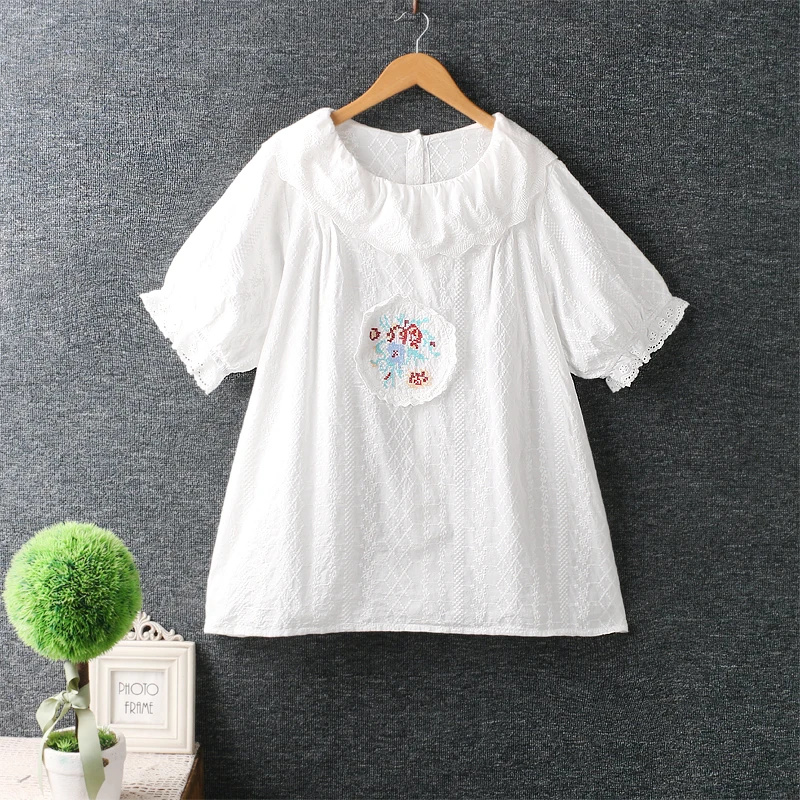 

Summer Short Sleeve Embroidered Top Women Round Neck Casual Shirt Female 822-217