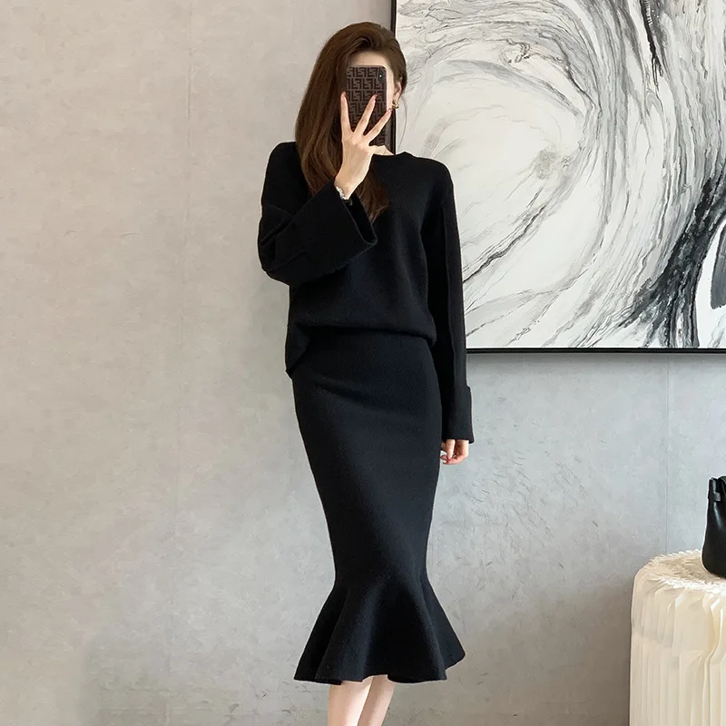 

2 Pieces Set Women New style fashion solid color Knitted Tracksuit Sweater + skirt Pullover Sweater Set Knitted Outwear