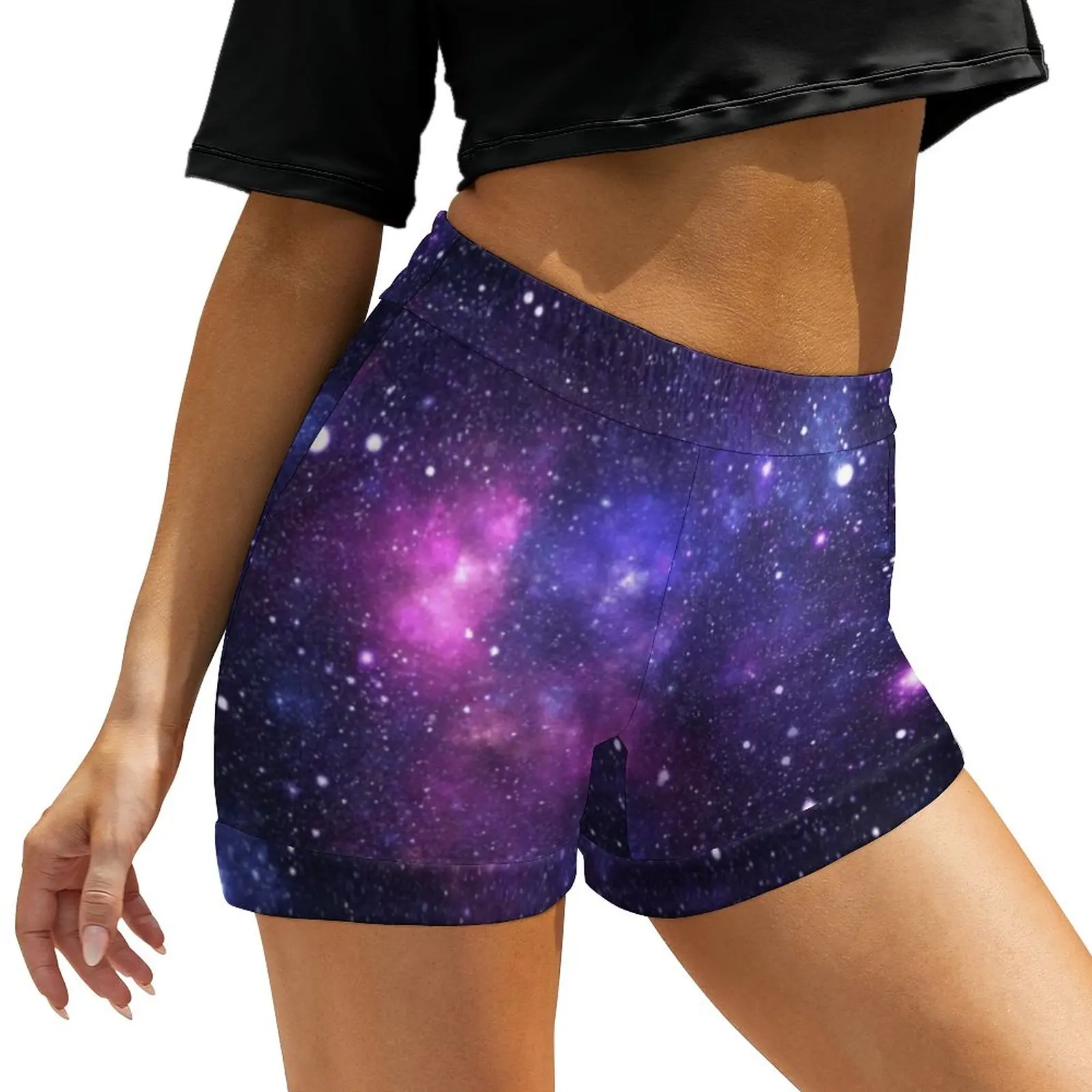 

Purple Galaxy Shorts Outer Space Nebula Stars Oversized Casual Shorts High Waisted Cute Short Pants Female Print Bottoms
