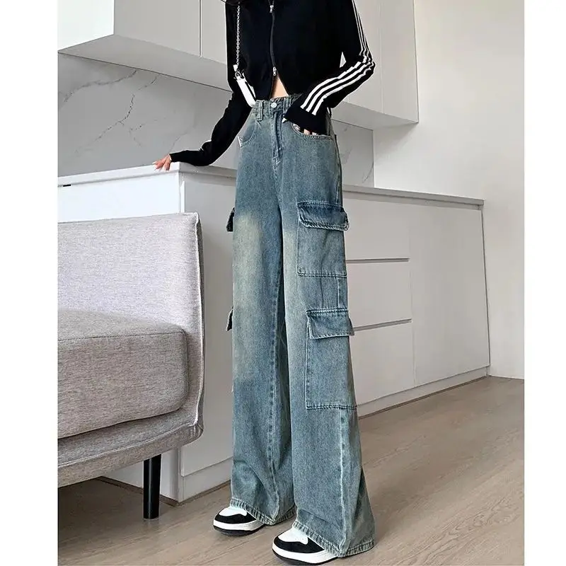 Женские эластичные джинсы-карго с высокой талией в стиле хип-поп свободные брюки
