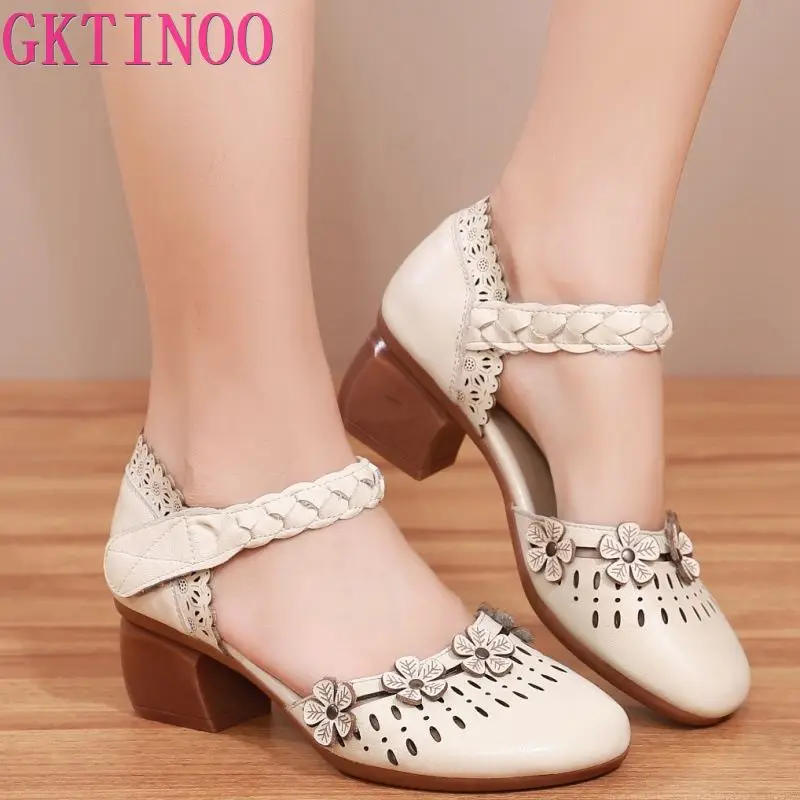 

GKTINOO 2022 Summer Women's Genuine Leather Shoes Woman Retro Hollow Out Sandals Female Hook & Loop Heels Ladies Platform Sandal