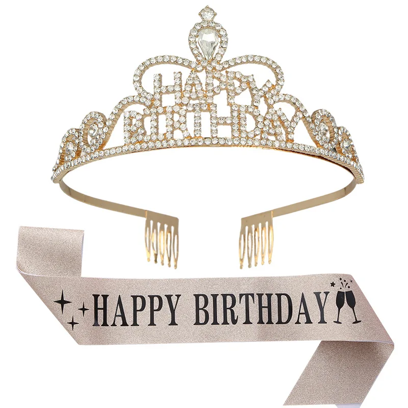 

Happy 16th 18th 20th 21st 30th Birthday Rhinestone Tiara Crown and Glitter Sash Crystal Headband Headdress Birthday Party Supply