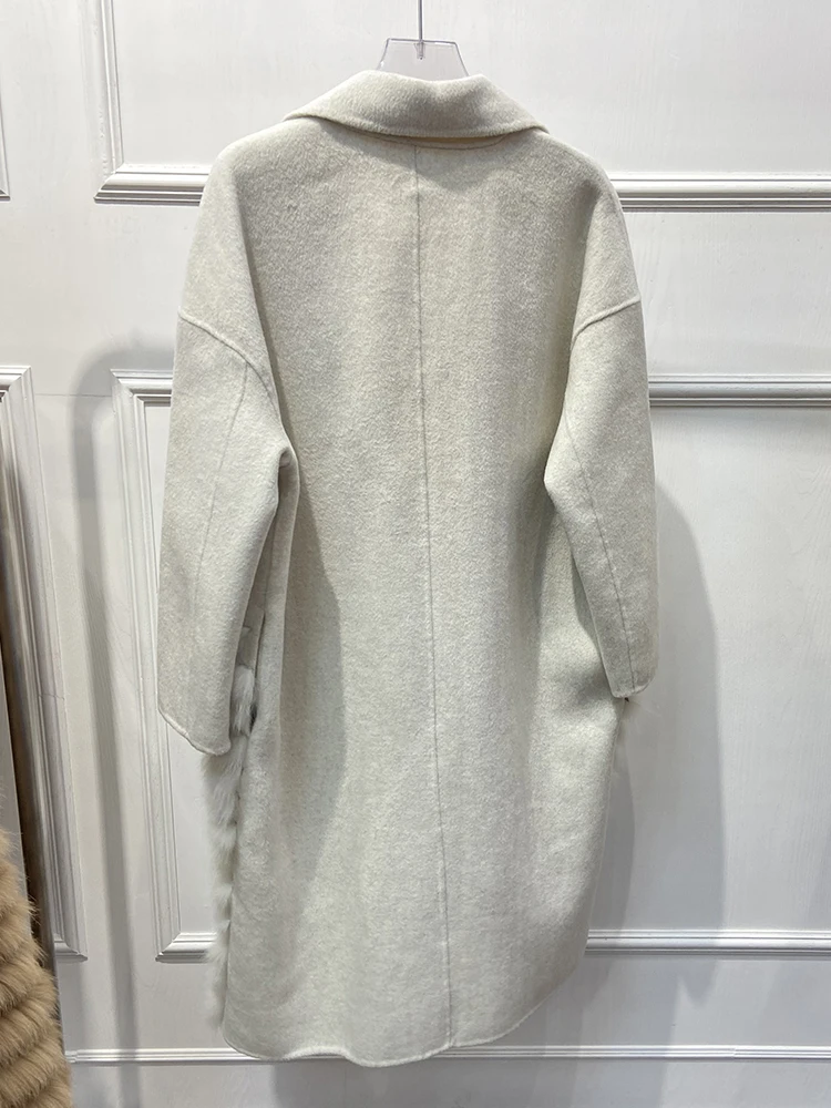 Роскошное Женское зимнее теплое шерстяное пальто из натурального Лисьего меха